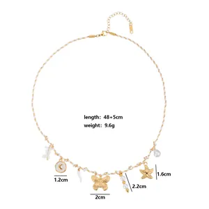 Detailed view of handmade woven necklace with multiple shell and starfish charms