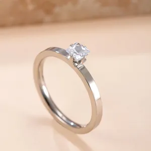 Silver stainless steel ring with a sparkling princess-cut square stone setting