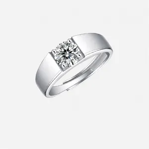 Luxury 925 Sterling Silver Moissanite Ring For Men Platinum Plated Adjustable Round Cut Cubic Zirconia Look Business Finger Jewelry