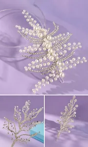 Detail shot of elegant vintage bridal headpiece with white pearls and rhinestones