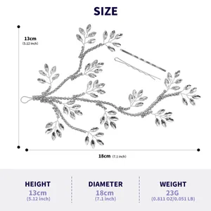 Detailed dimension diagram of silver crystal bridal hair vine showing height and weight