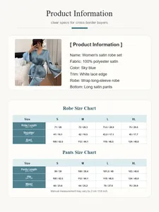 Detaillierte Größentabelle und Produktdaten für das blaue Damen-Satin-Bademantel-Set.