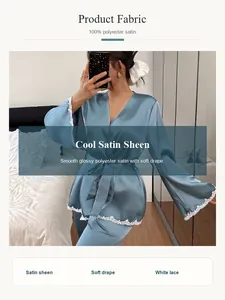 Detailansicht eines blauen Satin-Bademantels für Damen mit weißem Spitzenbesatz
