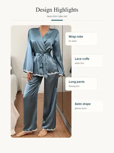 Detailansicht des blauen Satin-Bademantel-Sets mit Spitzenbesatz und elegantem Bindegürtel