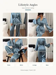 Verschiedene Lifestyle-Ansichten eines blauen Satin-Pyjama-Sets in verschiedenen Posen