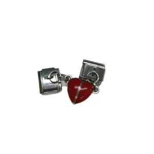 Accessoire de bracelet modulaire italien en acier inoxydable avec pendentif cœur rouge