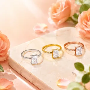 Anello Retro Zirconia Quadrato Acciaio Inossidabile Taglio Smeraldo Gioielli Lusso Donna