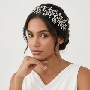Elegant silver vine leaf bridal headband with sparkling zircons and rhinestones