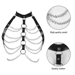 Detail view of leather body harness with high quality metal chains and rings