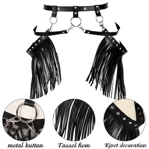 Detail shot of black leather harness belt featuring metal buttons tassels and silver rivets