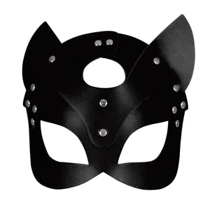Detailed view of a black faux leather fox mask with silver metal rivets.