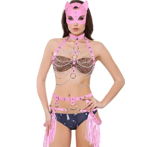 Sexy pink leather fox mask and body harness belt set with metallic chains for costume