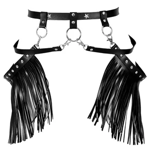 Black leather fringe waist harness belt with silver star studs and metal ring details.
