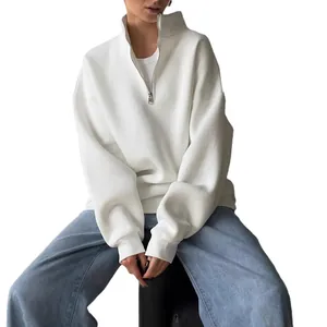 Oversized fleece-lined half-zip sweatshirt for women in minimalist solid white color