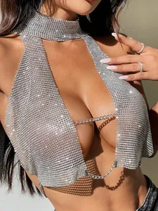 Top Halter Argent Sexy Style Américain Femmes Maille Strass Chaîne Métal Sans Manches Dos Nu Party Clubwear Top