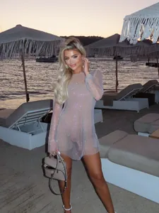 Mini-robe sexy en maille à strass à manches longues pour soirée et fête femme
