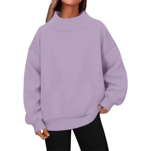 Front view of a lavender purple high-neck oversized casual sweatshirt on a female model