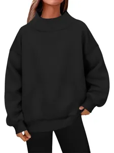 Women Oversized Fleece Sweatshirt Mock Neck Drop Shoulder Long Sleeve Knitted Polyester Solid Color Loose Pullover Casual Top