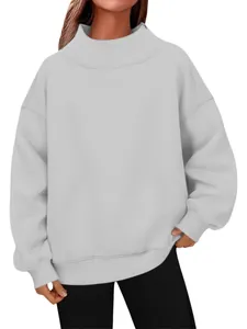 Women's oversized high-neck grey sweatshirt with casual fleece lining and long sleeves