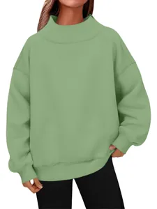 Women's sage green long sleeve turtleneck sweatshirt, casual fleece oversized pullover