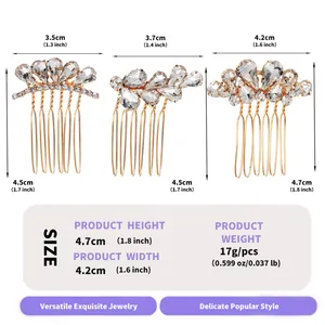 Detailed size and weight dimensions for the luxury rhinestone waterdrop hair comb set.