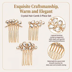 Detailed macro view of a luxury 3-piece water drop rhinestone hair comb set with gold finish