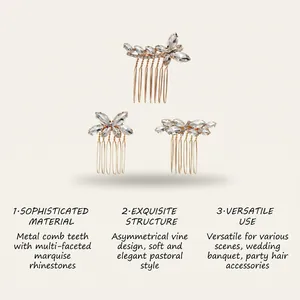 Detailed view of 3-piece rhinestone hair comb set for bridal wedding hairstyles