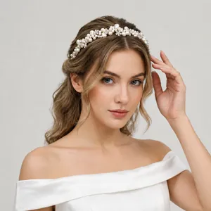 Vid de Pelo Nupcial Hecho a Mano Con Perla Artificial Flor de Diamante de Imitación Cristal Elegante Diadema Floral Dorada para Boda Fiesta Mujer