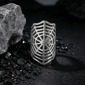 Intricate silver gothic spider web ring detail, perfect for dark Halloween fashion.