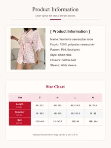 Detailed size chart and product specifications for women's pink floral seersucker robe