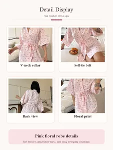 Detailed multi-view display of a soft pink floral cotton kimono robe for women