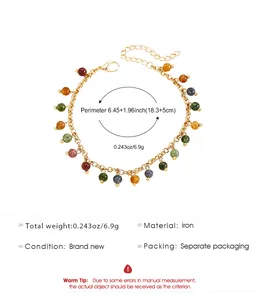 Detailed size and material specifications for a colorful beaded iron chain bracelet
