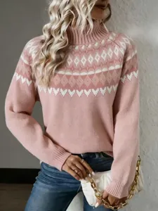 Close-up of women's pink jacquard knit sweater with fair isle pattern and high collar.
