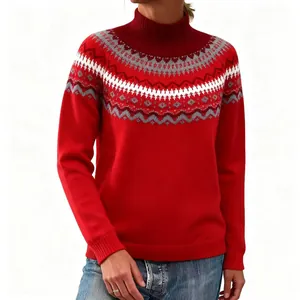 Detailed view of red Fair Isle turtleneck sweater featuring thick jacquard knit patterns