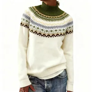 Detailed view of women's thick knit turtleneck sweater with colorful Fair Isle pattern