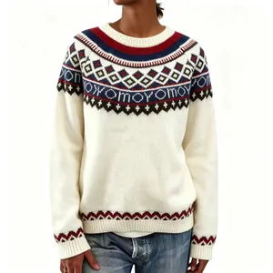 Close-up of white women's Fair Isle knit sweater with colorful jacquard pattern details.