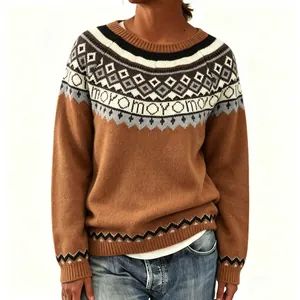 Detailed view of women's chunky knit jacquard sweater with brown Fair Isle pattern