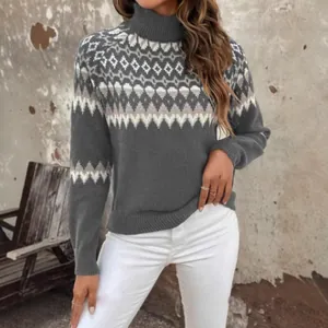 Women's stylish grey high-neck knit sweater featuring a classic geometric jacquard pattern
