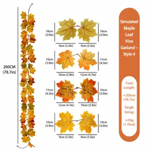 Specificaties voor kunstmatige esdoornbladguirlande met 200 cm lengte en details.