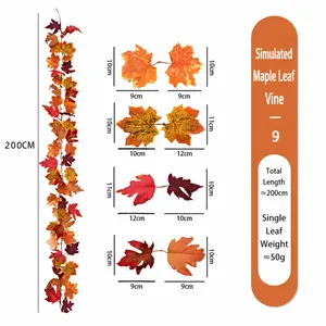 Detailweergave van 200 cm kunstmatige esdoornblad slinger met afmetingen van de bladeren.