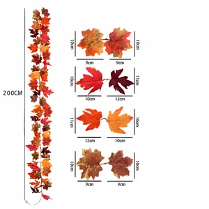 Gedetailleerde afmetingen voor kunstmatige esdoornbladwingerd, 200 cm lang en diverse bladen.