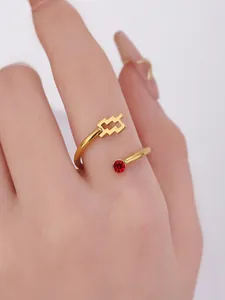 Detailed view of a gold-finished titanium steel ring with red stone and zodiac symbol
