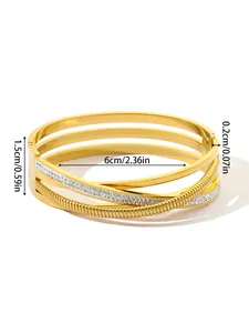 Multi-layer crossover rhinestone bangle in 18K gold plated titanium steel with dimensions