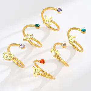 Adjustable titanium steel zodiac rings with colorful zircon accents on white background