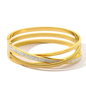 Multi-layer criss-cross rhinestone titanium steel bracelet with 18K gold plating
