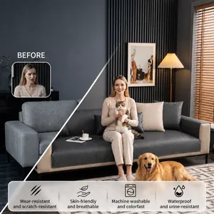 Waterproof anti-scratch sofa cover showing before and after pet-friendly living room setup