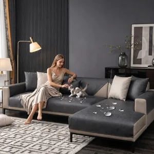 Gray waterproof technology cloth sofa mat protector shown in a modern living room