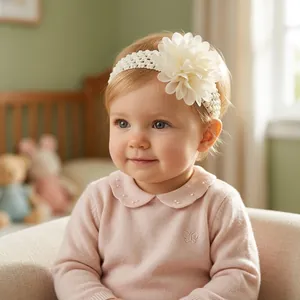 Close-up of a baby wearing a soft cream chiffon flower headband in a nursery setting.