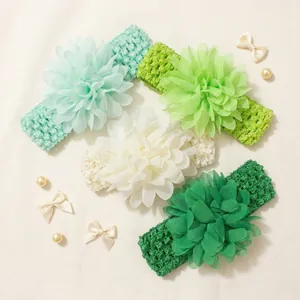 Set of chiffon flower baby headbands in various green shades with crochet texture