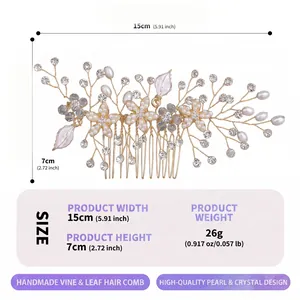 Detailed dimensions of handmade pearl and crystal flower hair comb showing size and weight.